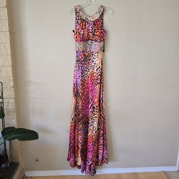 MASQUERADE Women's Maxi Dress Embellished Size 9/10 Multicolor Animal Print Glam - Picture 2 of 12